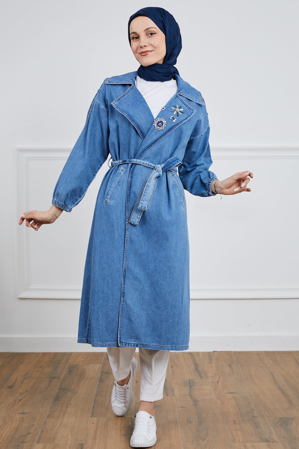 Taş Detaylı Trençkot Mavi