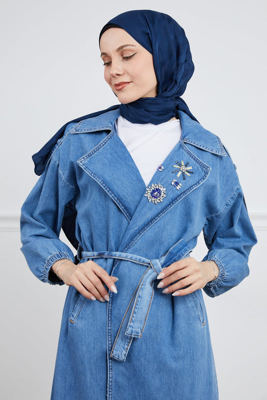 Taş Detaylı Trençkot Mavi