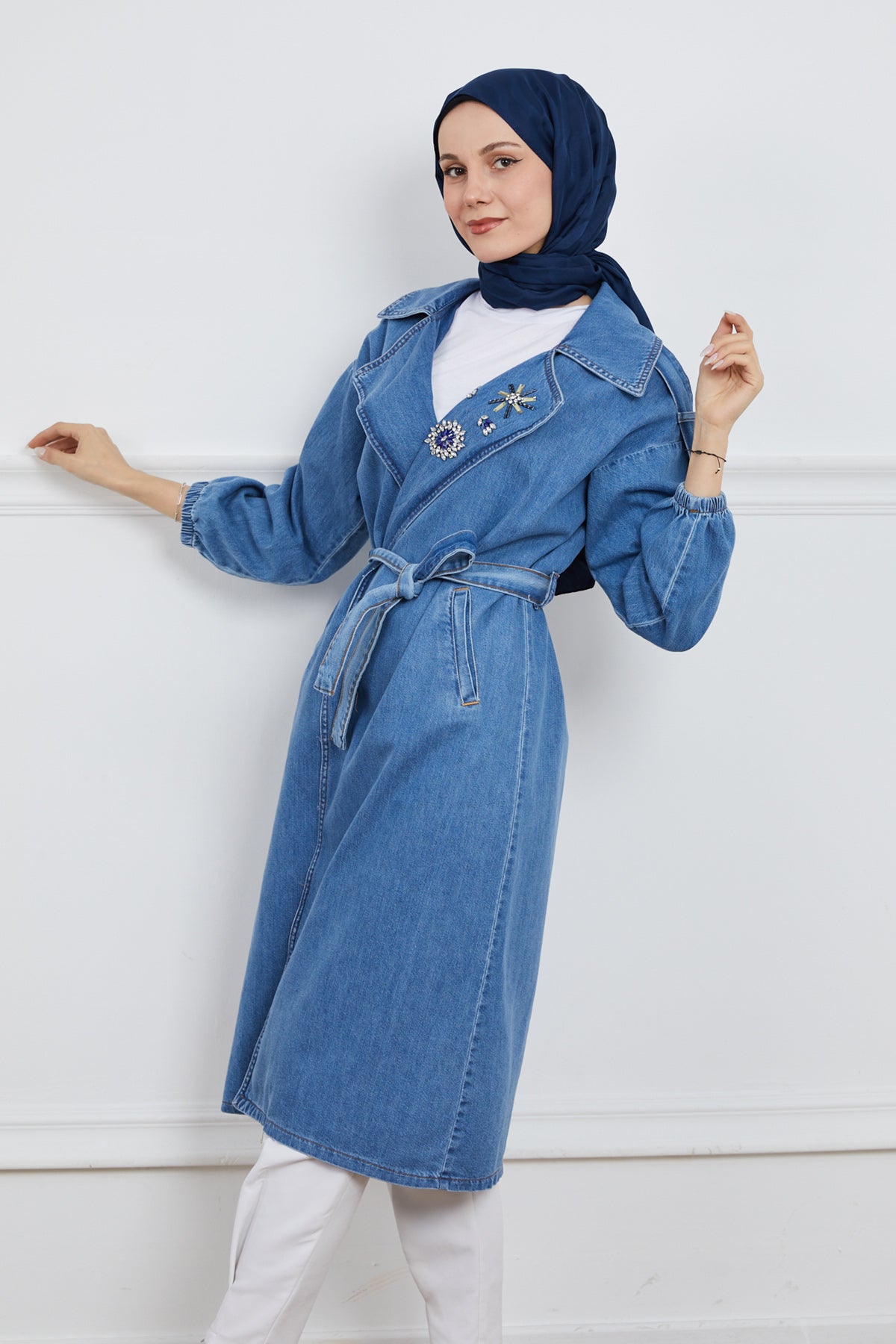 Taş Detaylı Trençkot Mavi