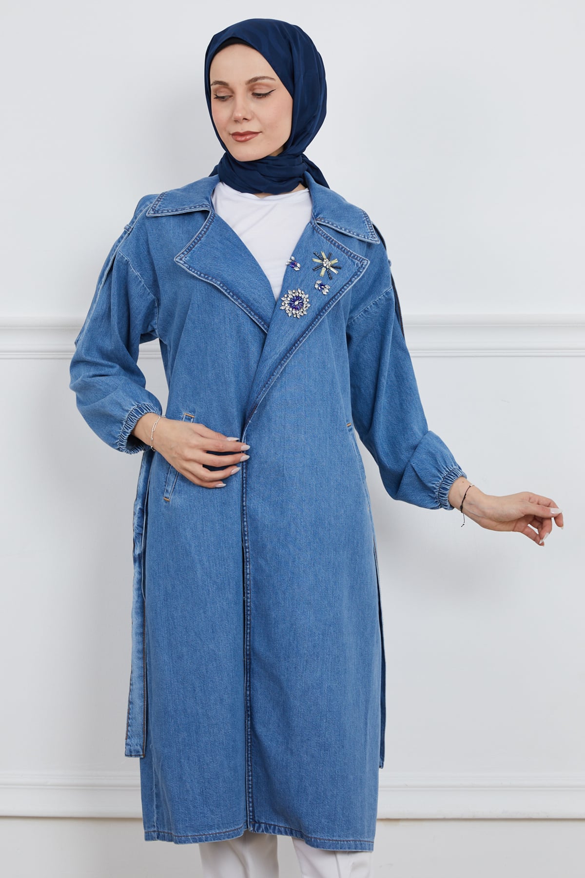 Taş Detaylı Trençkot Mavi