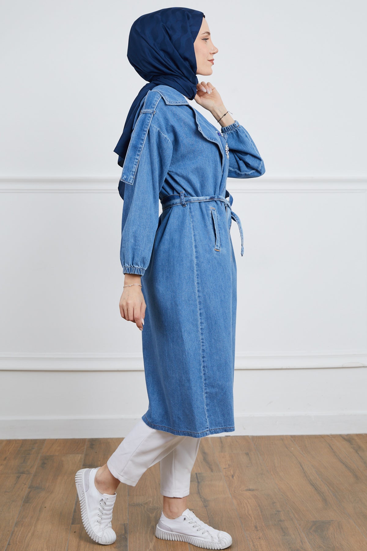 Taş Detaylı Trençkot Mavi