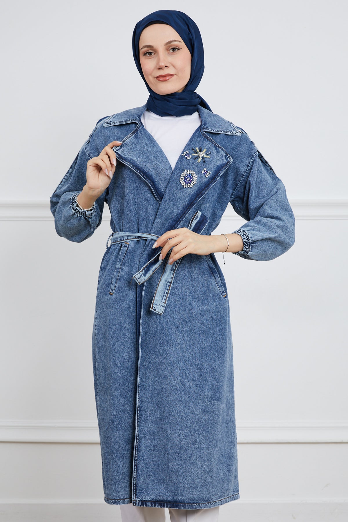 Taş Detaylı Trençkot Koyu Mavi