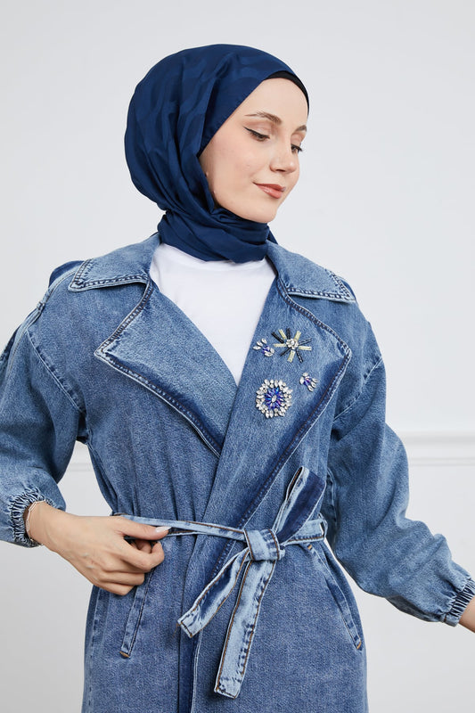 Taş Detaylı Trençkot Koyu Mavi