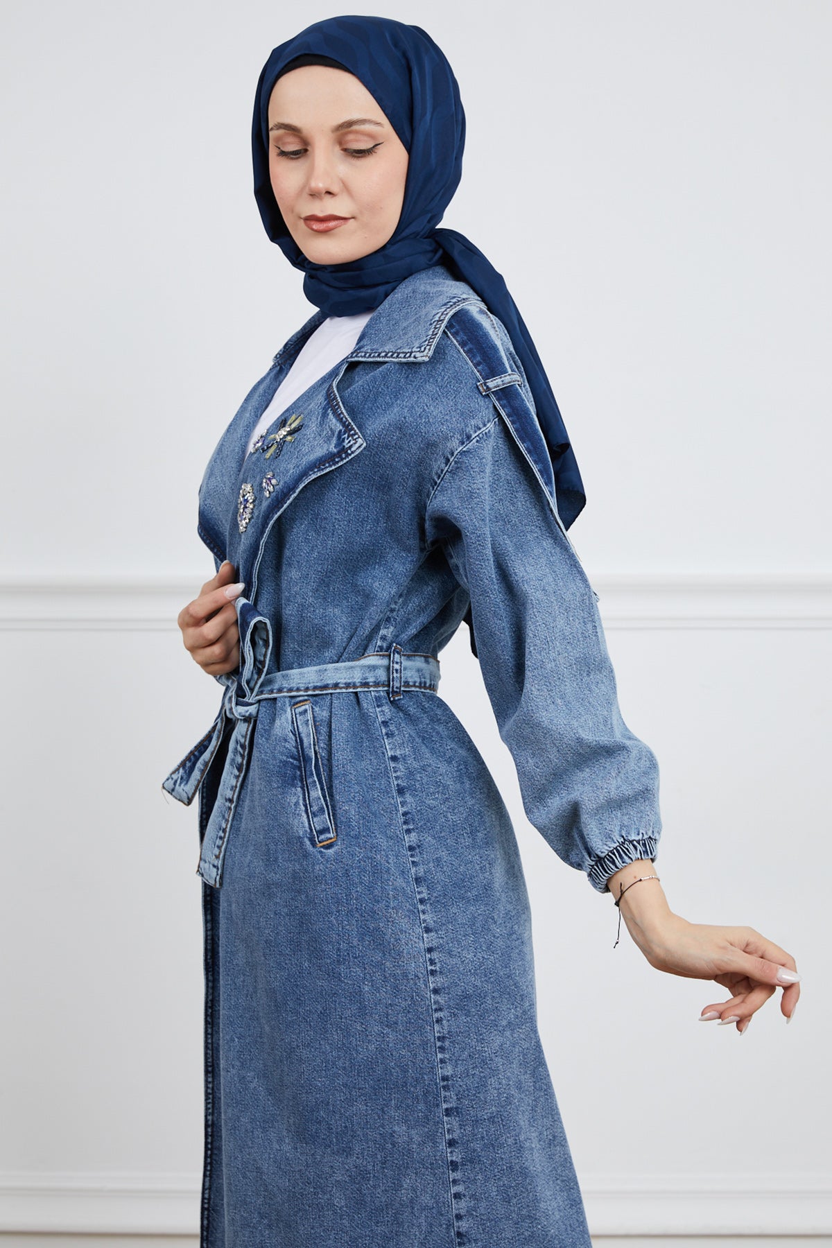 Taş Detaylı Trençkot Koyu Mavi