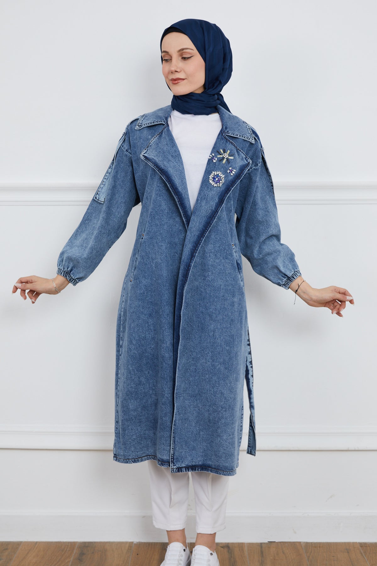 Taş Detaylı Trençkot Koyu Mavi