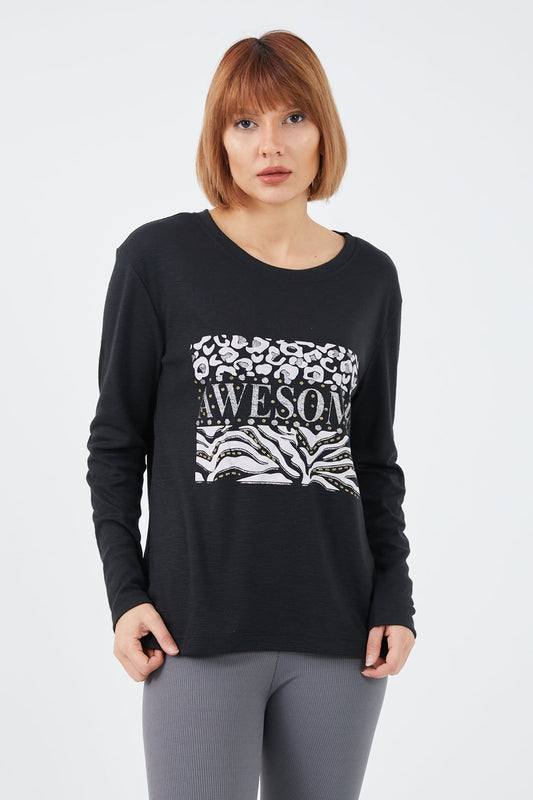 Awesome Baskılı Bluz Siyah