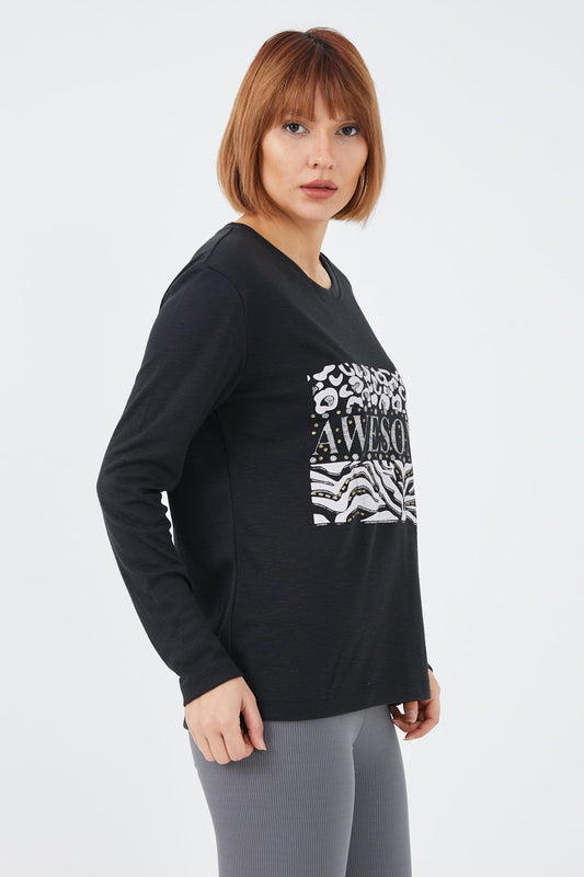 Awesome Baskılı Bluz Siyah