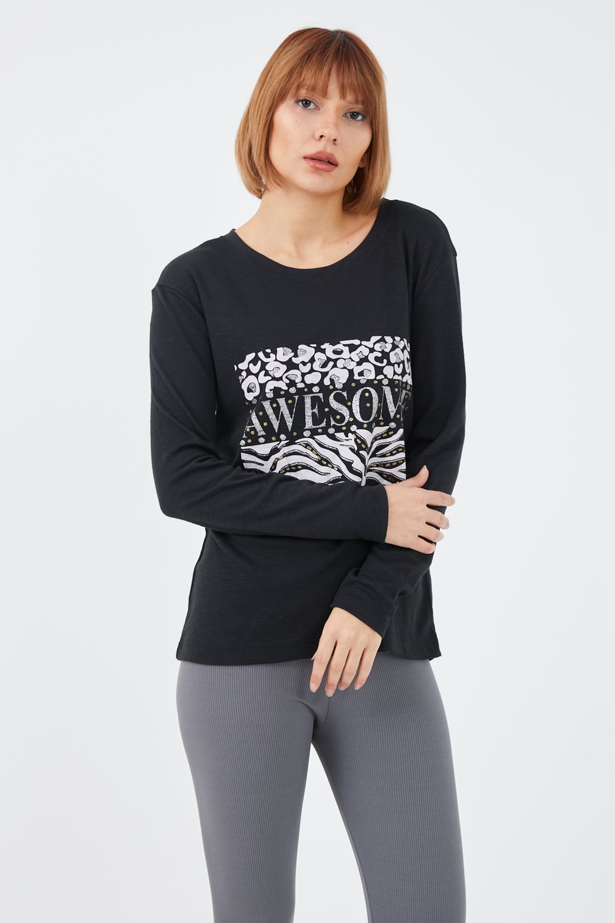 Awesome Baskılı Bluz Siyah
