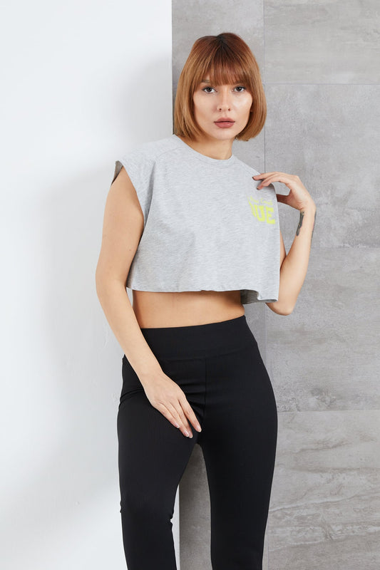 Yazı Baskılı Crop T-shirt Gri