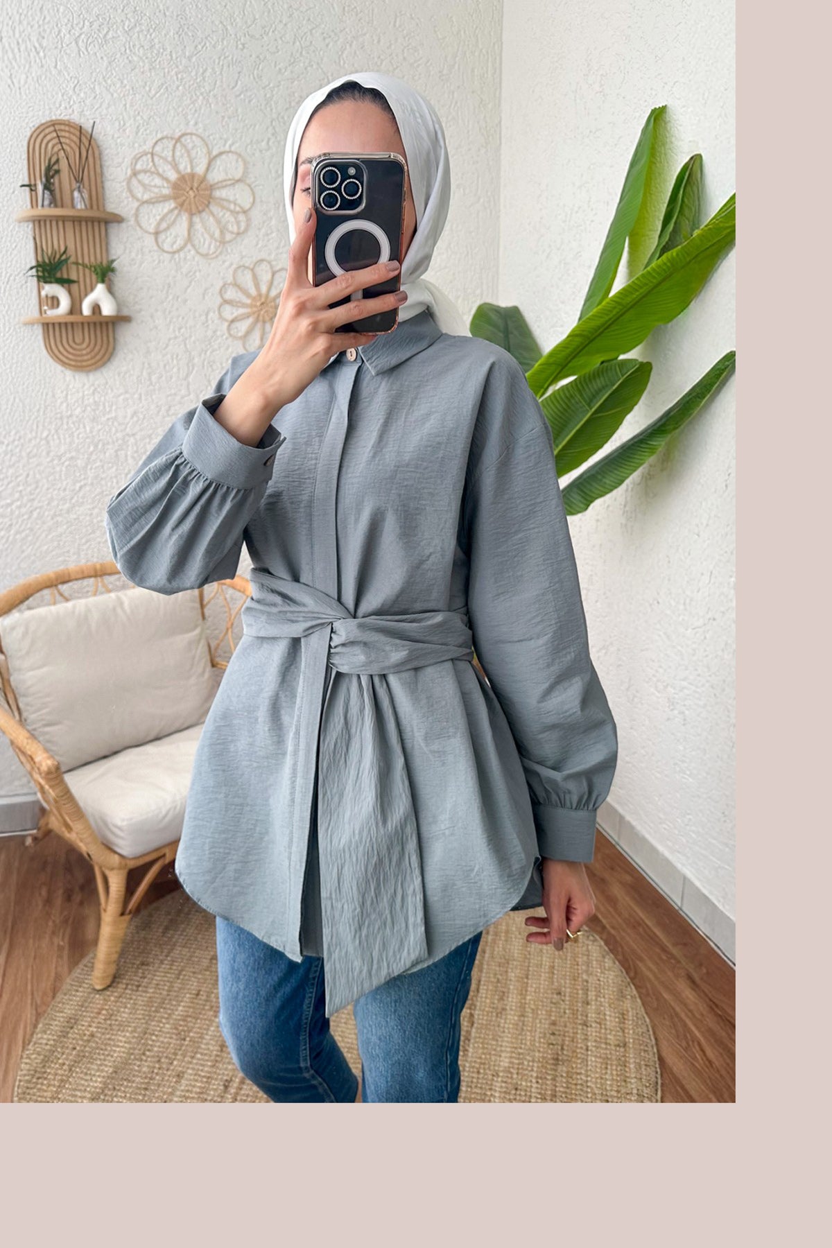 Kuşak Detaylı Tunik Gri