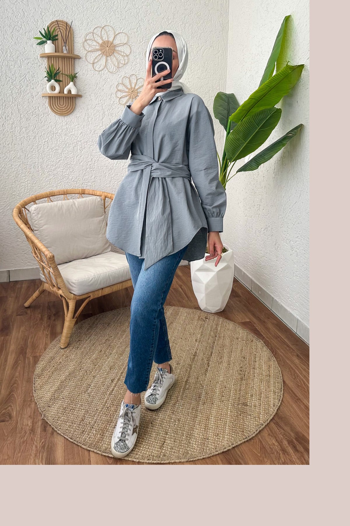 Kuşak Detaylı Tunik Gri