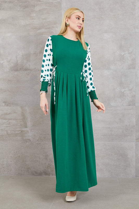 Büyük Beden Puantiyeli Kolu Lastikli Uzun Elbise Koyu Yeşil