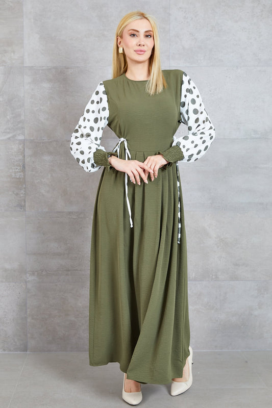 Büyük Beden Puantiyeli Kolu Lastikli Uzun Elbise Haki