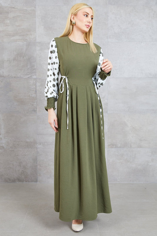 Büyük Beden Puantiyeli Kolu Lastikli Uzun Elbise Haki