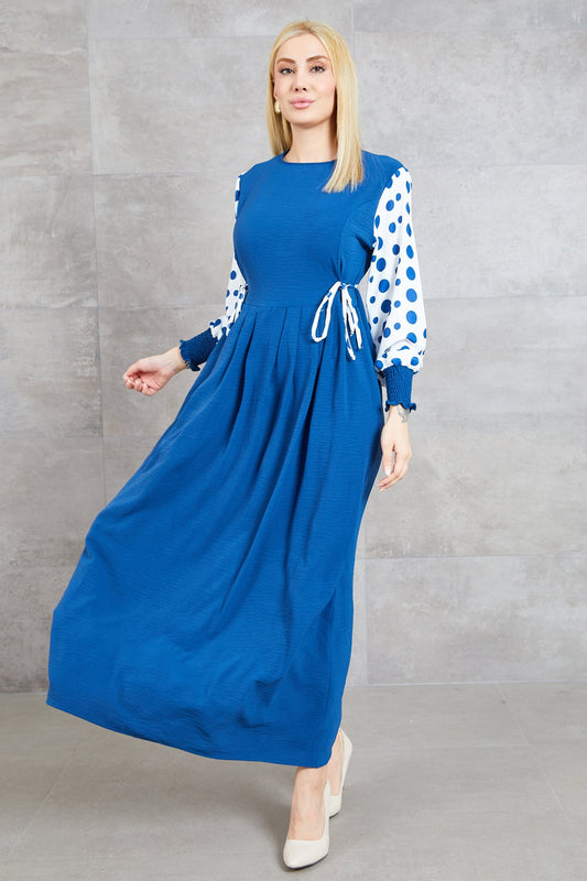 Büyük Beden Puantiyeli Kolu Lastikli Uzun Elbise İndigo