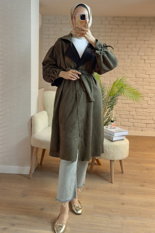Kuşak Detaylı Süet Trençkot Haki