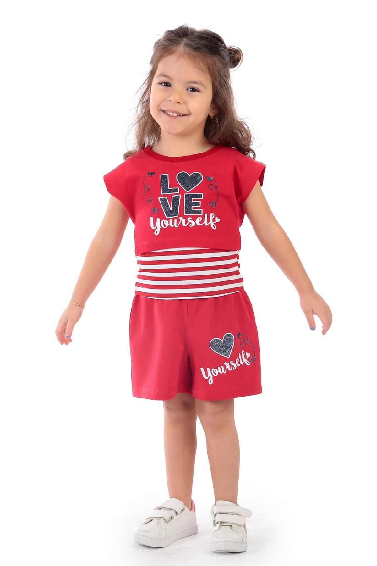 Kalp Baskılı Kız Çocuk Takım Kırmızı