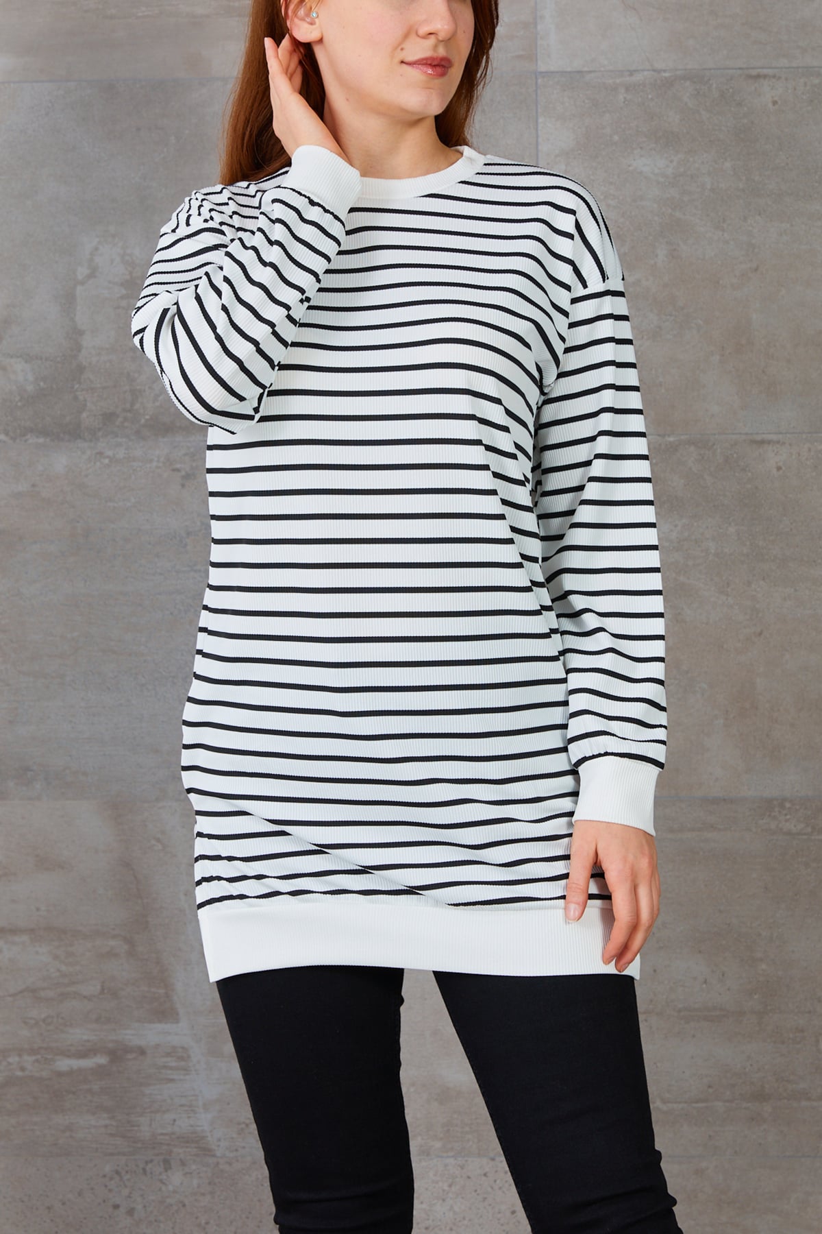 Ribanalı Bisiklet Yaka Uzun Kollu Çizgili Tunik Ekru