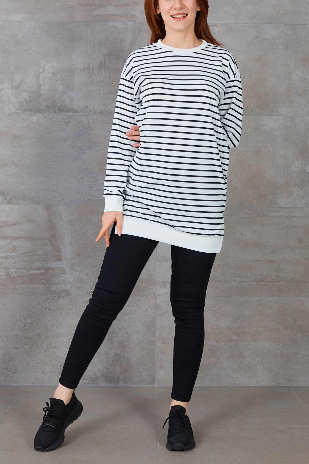 Ribanalı Bisiklet Yaka Uzun Kollu Çizgili Tunik Ekru