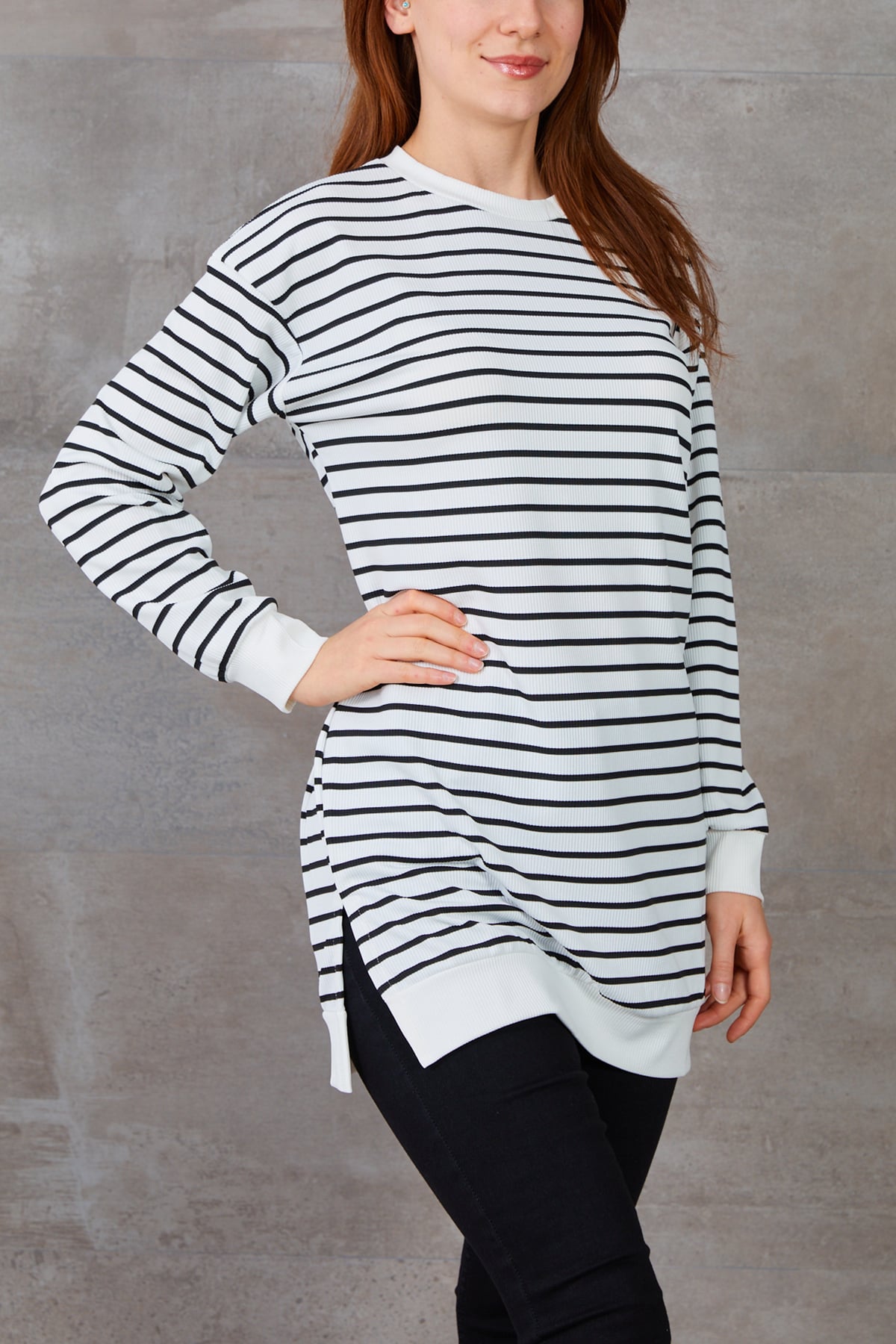 Ribanalı Bisiklet Yaka Uzun Kollu Çizgili Tunik Ekru