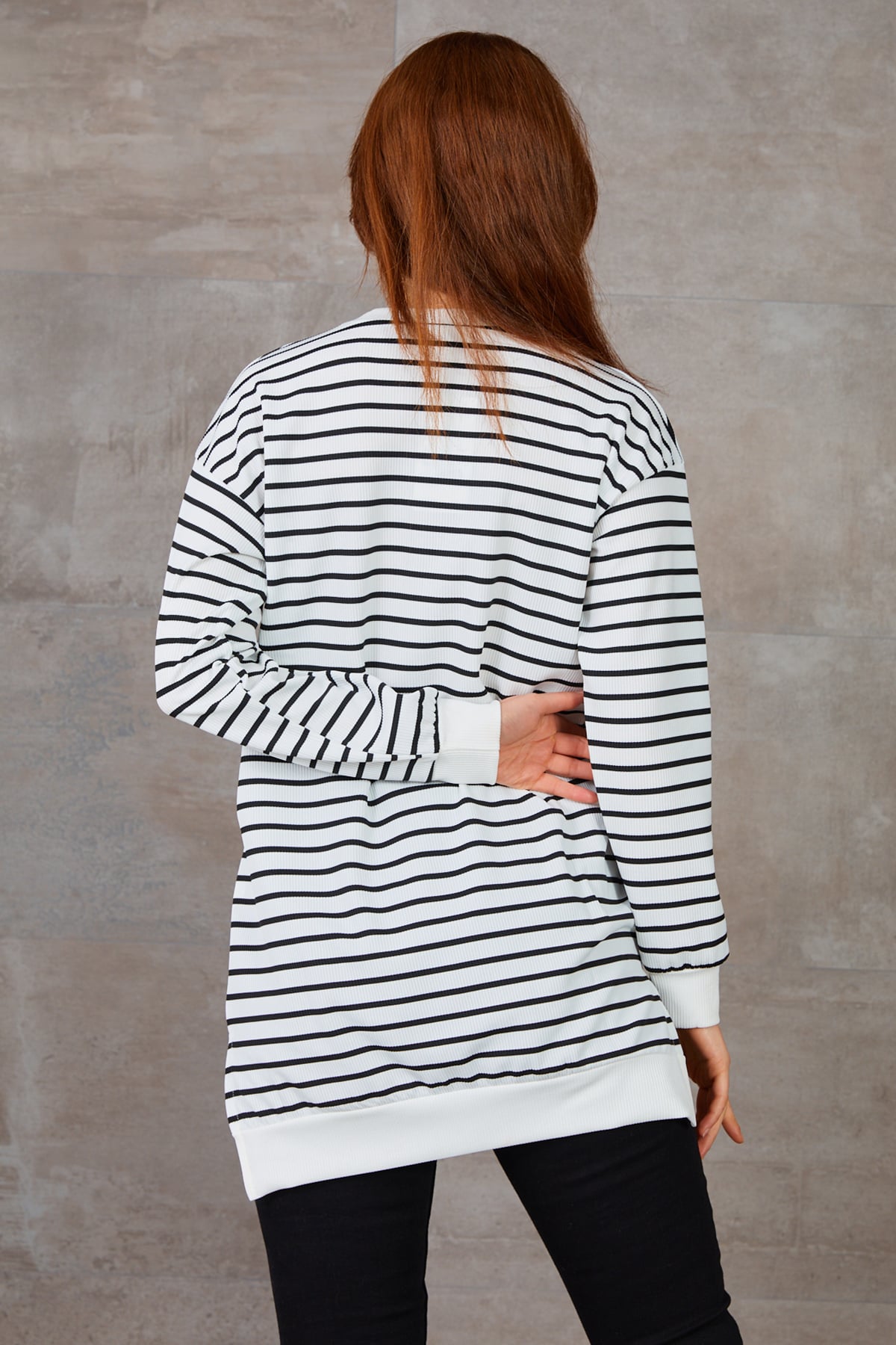 Ribanalı Bisiklet Yaka Uzun Kollu Çizgili Tunik Ekru
