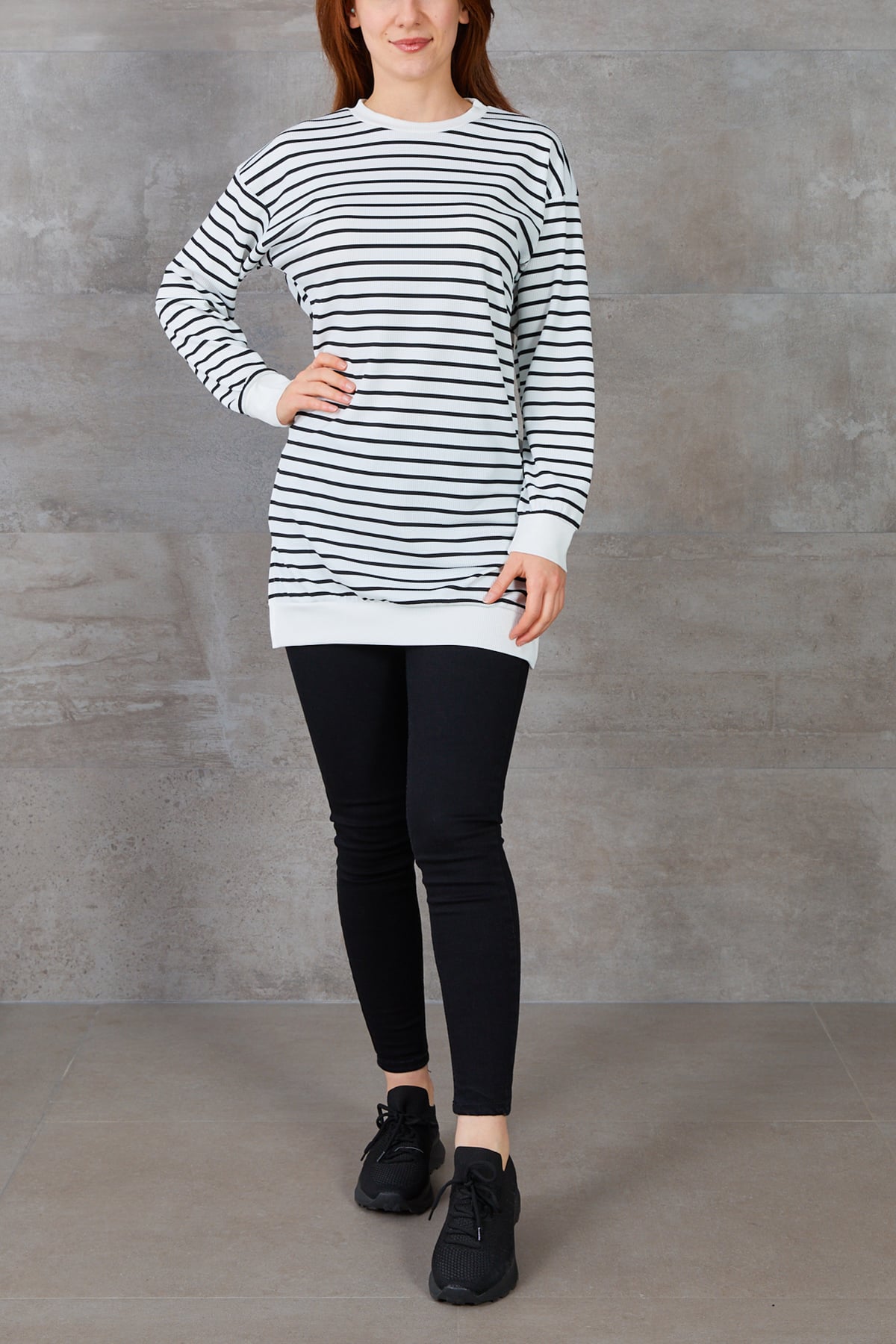 Ribanalı Bisiklet Yaka Uzun Kollu Çizgili Tunik Ekru