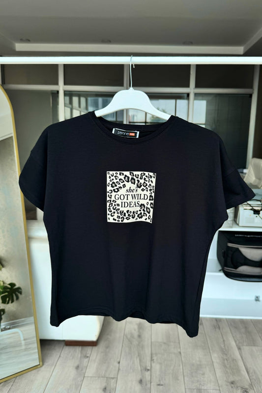 Kız Çocuk Leopar Baskılı T-shirt Siyah