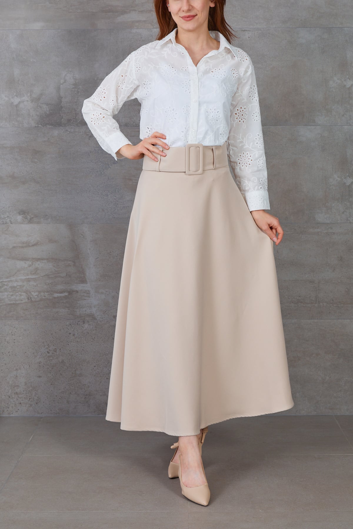 Kalın Kemerli Kloş Etek Bej