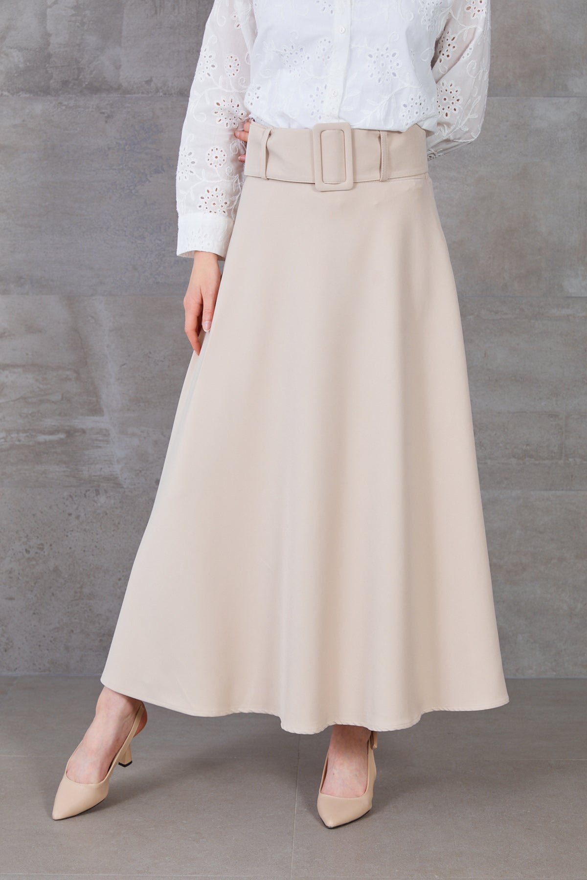 Kalın Kemerli Kloş Etek Bej