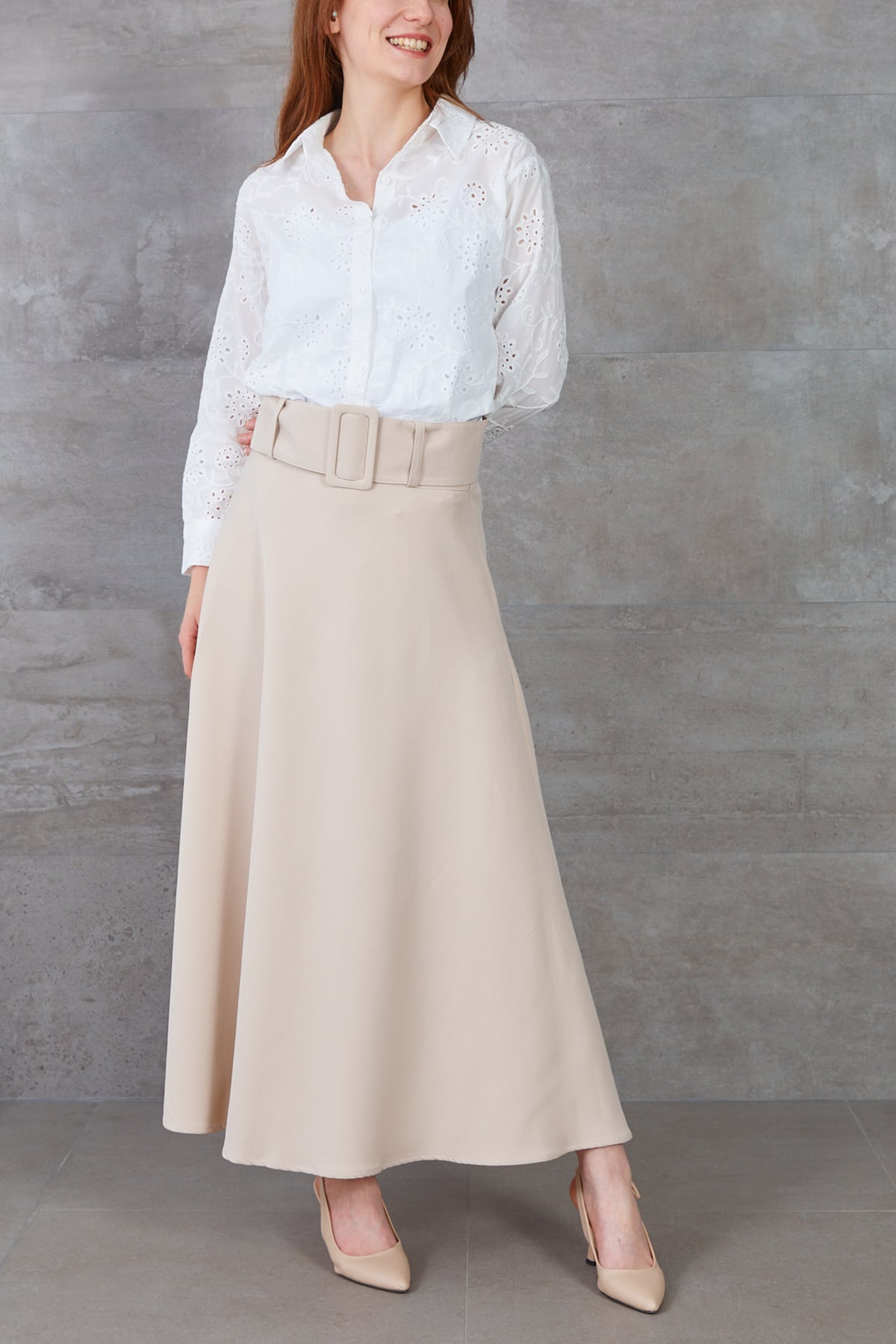 Kalın Kemerli Kloş Etek Bej