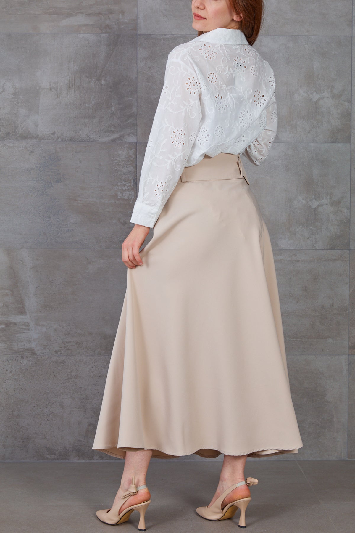 Kalın Kemerli Kloş Etek Bej