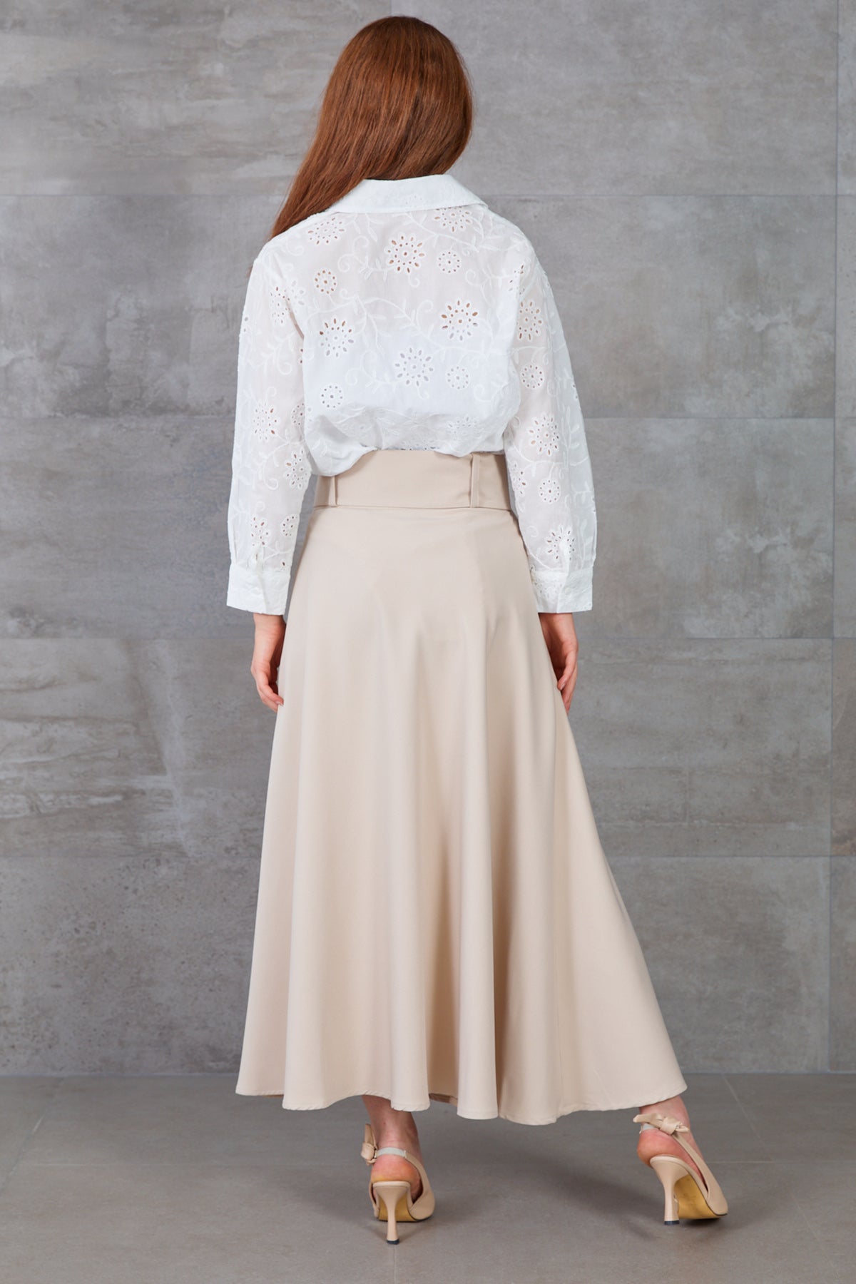 Kalın Kemerli Kloş Etek Bej