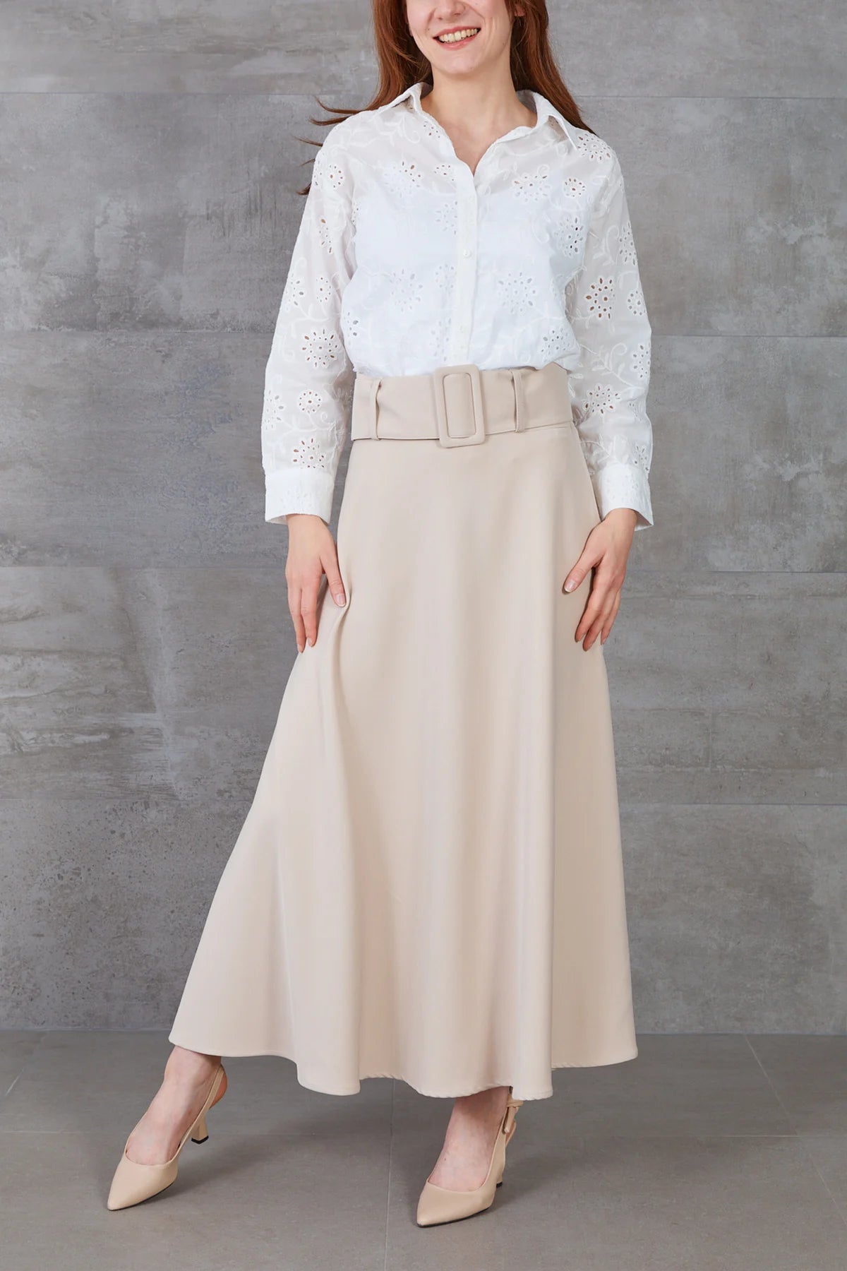 Kalın Kemerli Kloş Etek Bej