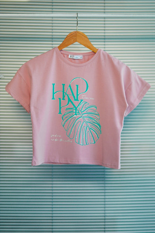 Kız Çocuk Sim Detaylı T-shirt Gül Kurusu