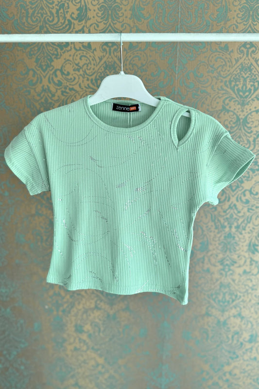 Kız Çocuk Fitilli T-shirt Su Yeşili