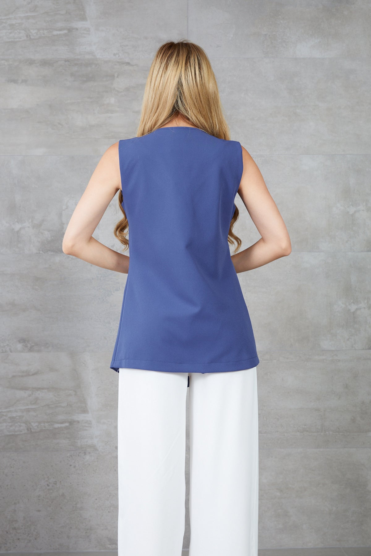 Kruvaze Yaka Düğme Detaylı Astarlı Yelek İndigo