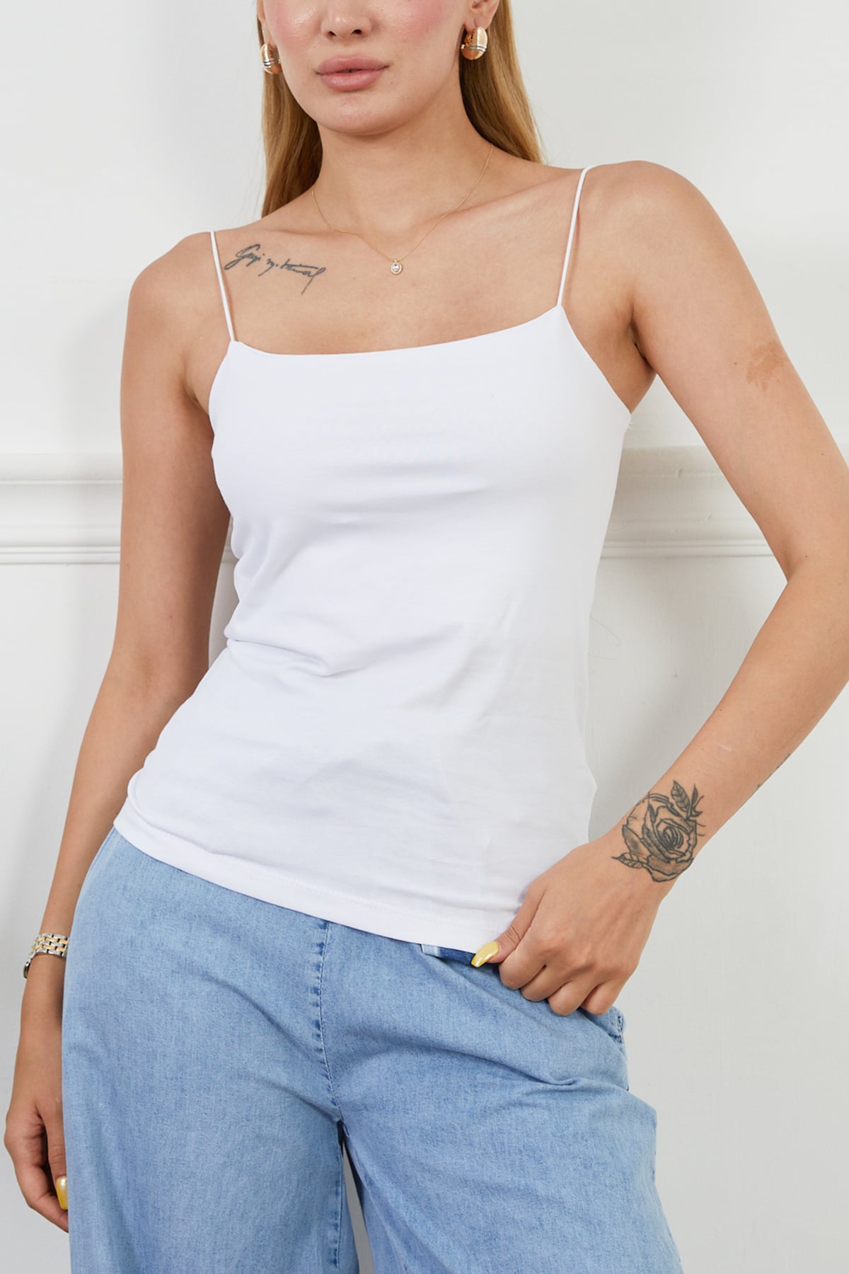 İp Askılı Likralı Atlet Beyaz