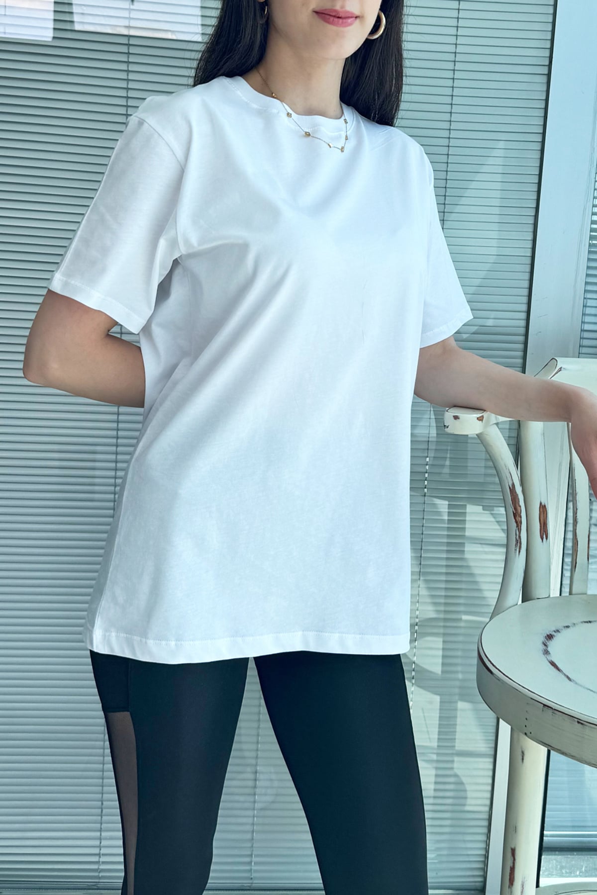 Oversize Bisiklet Yaka Basic T-shirt Beyaz