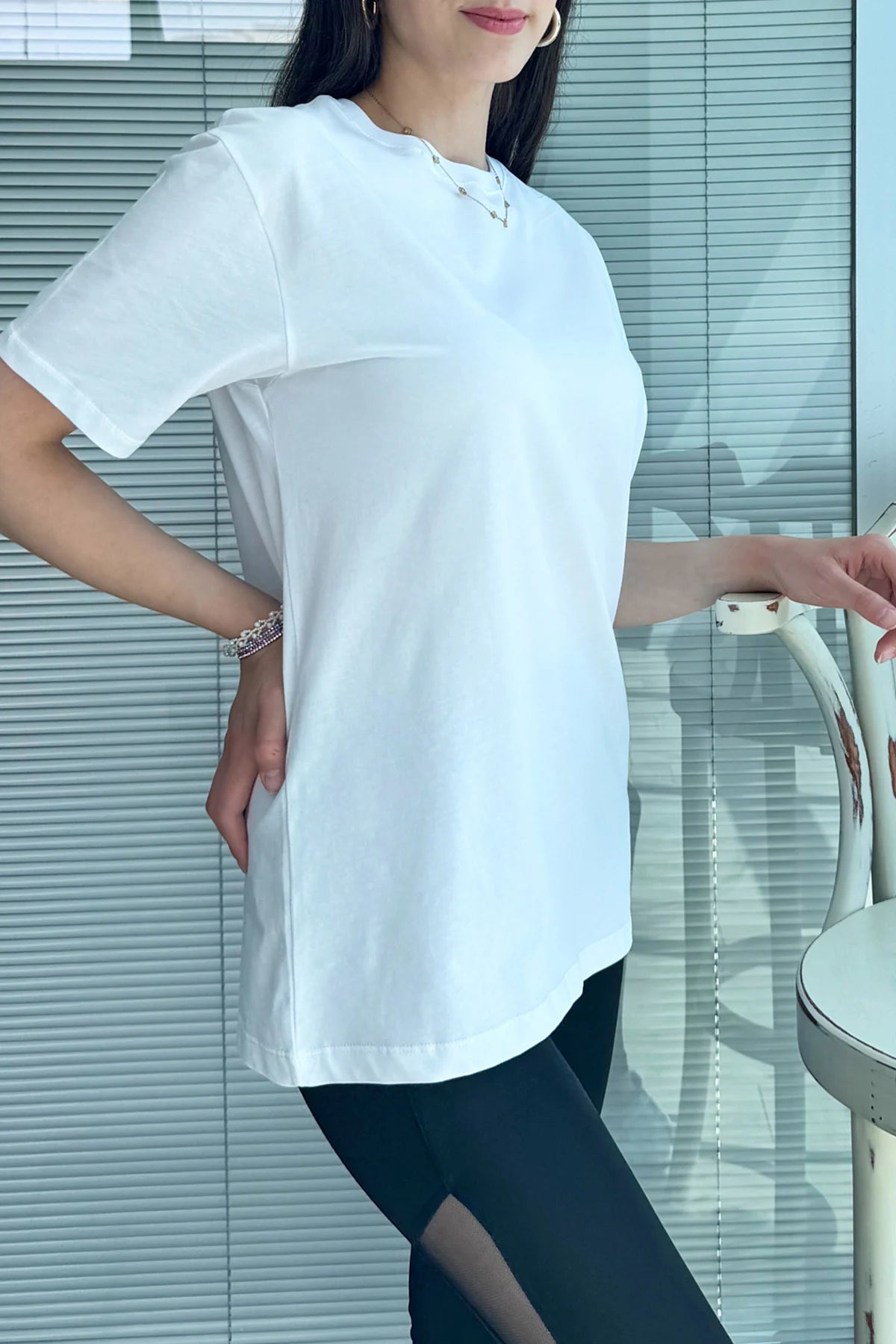 Oversize Bisiklet Yaka Basic T-shirt Beyaz