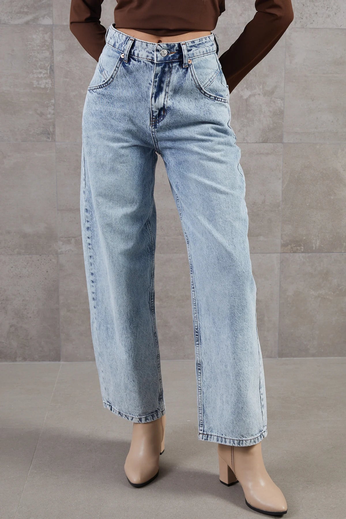 Yüksek Bel Salaş Paça Denim Kot Pantolon Açık Mavi