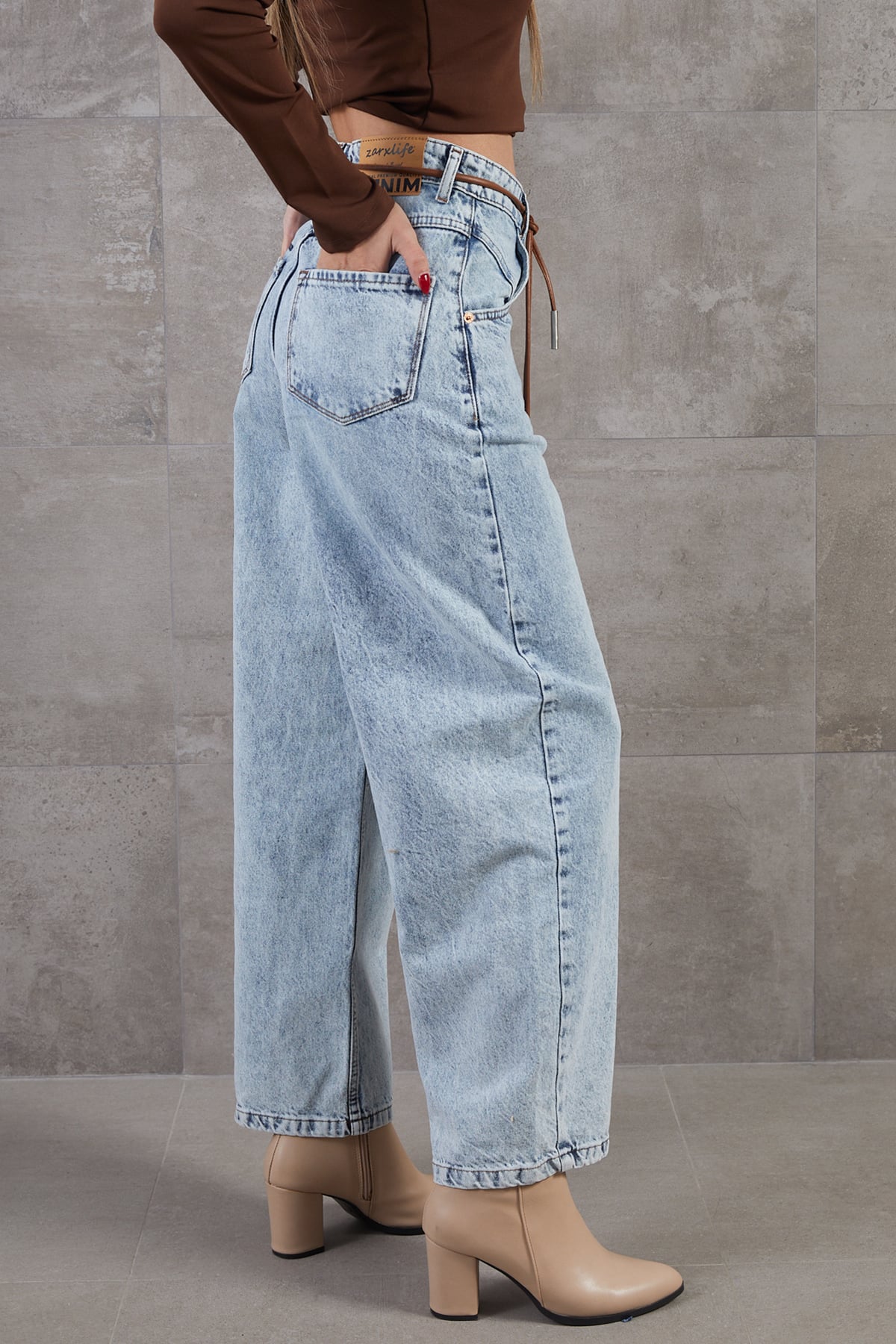 Yüksek Bel Salaş Paça Denim Kot Pantolon Açık Mavi