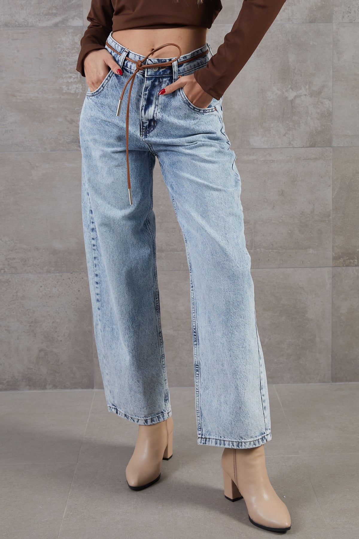 Yüksek Bel Salaş Paça Denim Kot Pantolon Açık Mavi