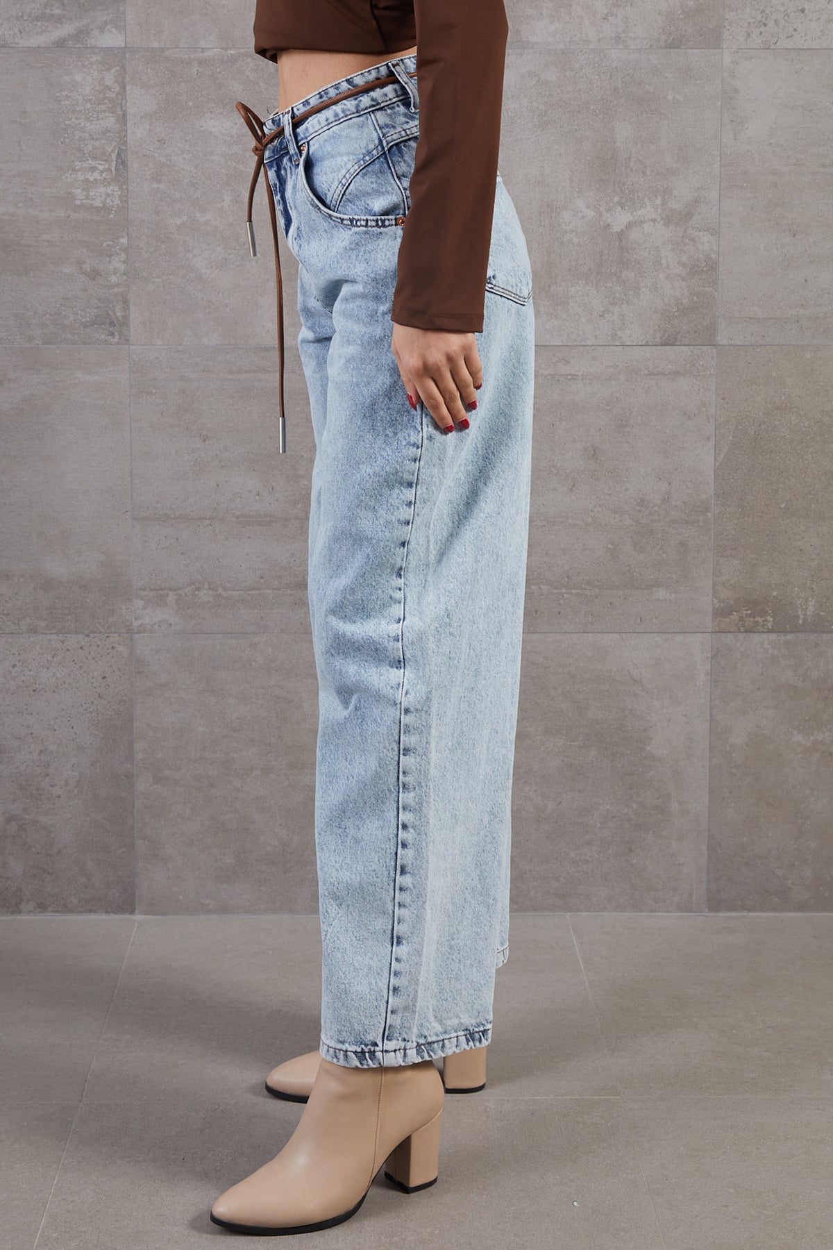 Yüksek Bel Salaş Paça Denim Kot Pantolon Açık Mavi