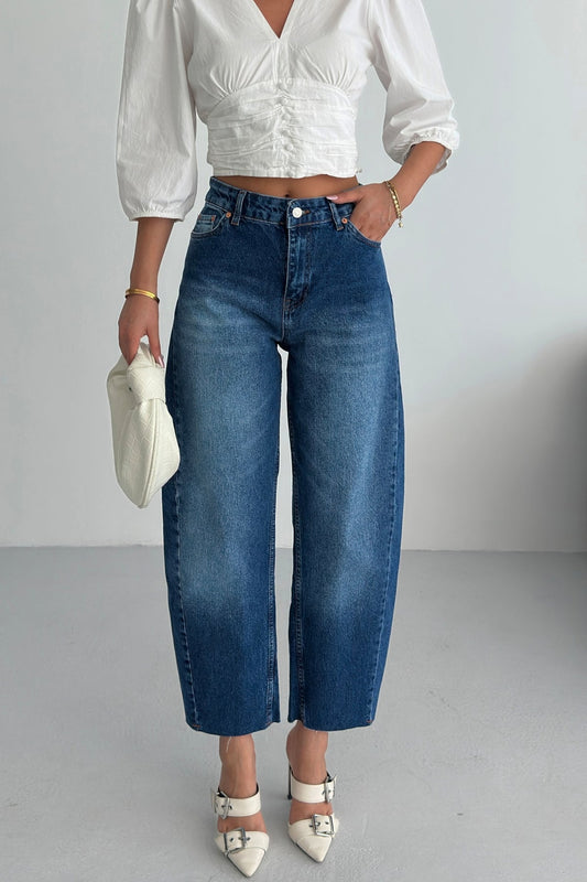 Yüksek Bel Kesik Paça Baggy Kot Pantolon Mavi