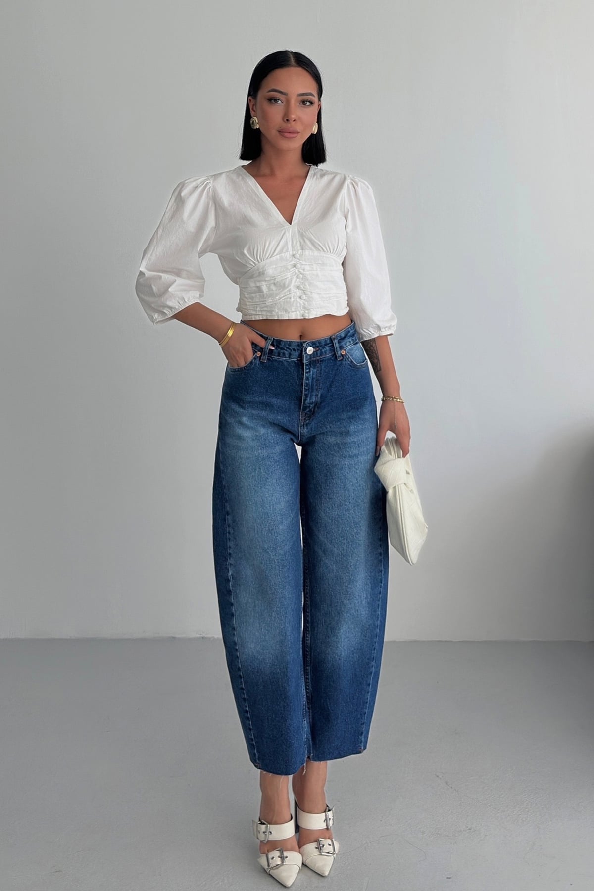 Yüksek Bel Kesik Paça Baggy Kot Pantolon Mavi