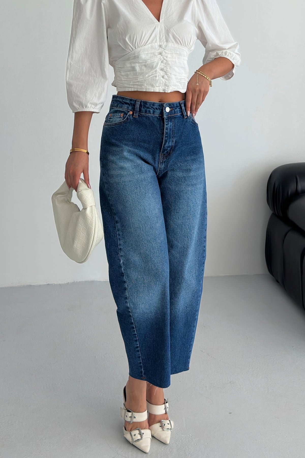 Yüksek Bel Kesik Paça Baggy Kot Pantolon Mavi