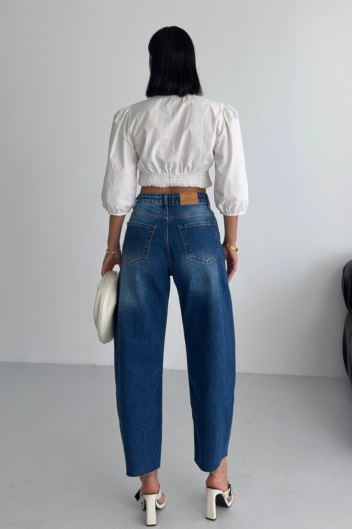 Yüksek Bel Kesik Paça Baggy Kot Pantolon Mavi