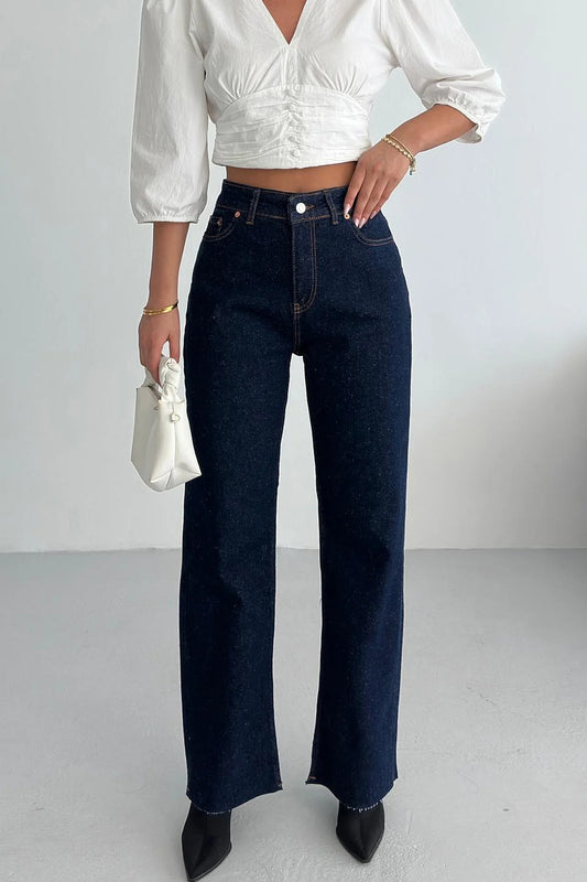 Yüksek Bel Kesik Paça Kot Pantolon Lacivert