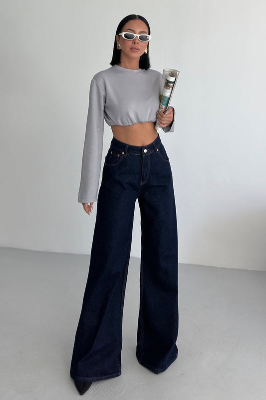 Yüksek Bel Palozzo Kot Pantolon Lacivert