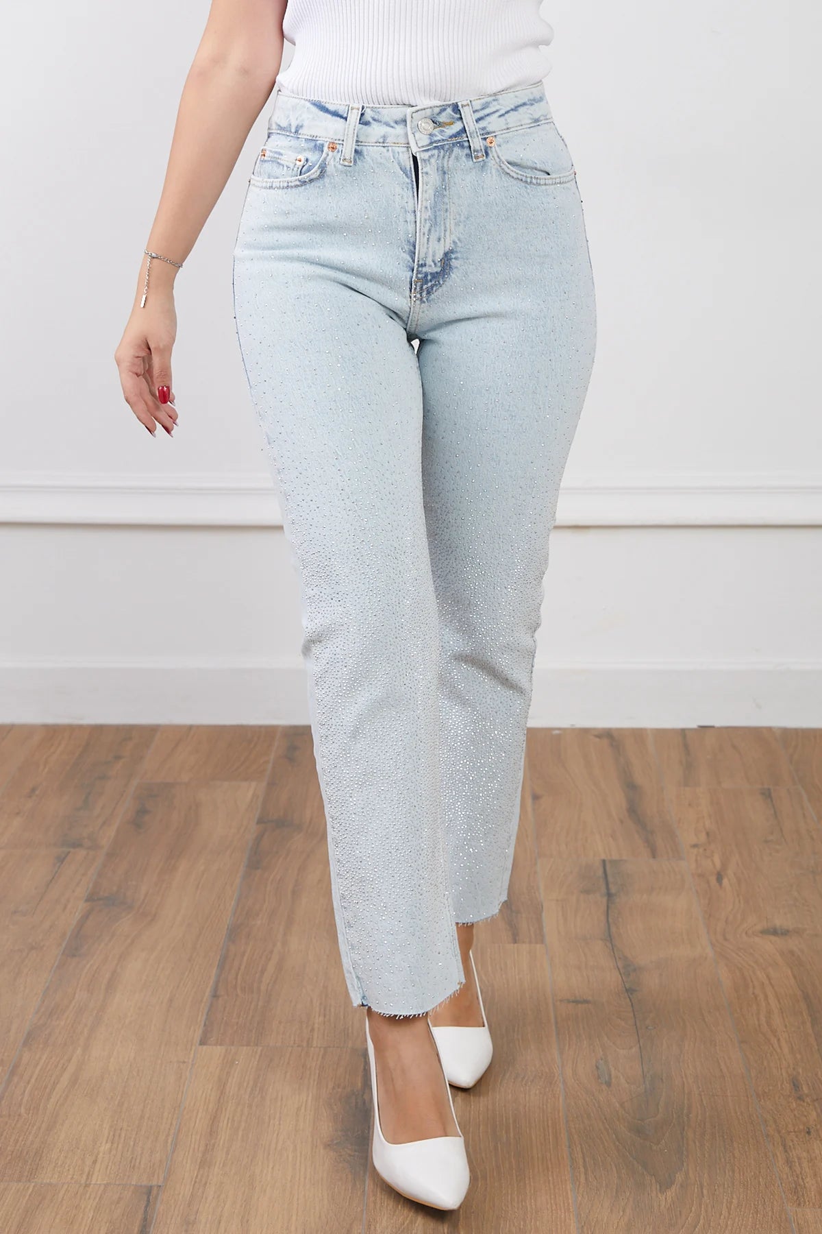 Yüksek Bel Taşlı Kesik Paça Kot Pantolon Açık Mavi